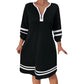 👗✨ Sukienka Casual w Paski Sportowe, Zamek do Połowy, Długi Rękaw, Luźna — Czarna, Biała — S-5XL 👗