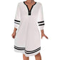 👗✨ Sukienka Casual w Paski Sportowe, Zamek do Połowy, Długi Rękaw, Luźna — Czarna, Biała — S-5XL 👗