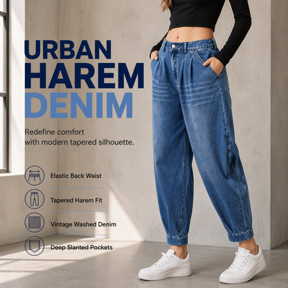 😍✨ Dżinsy Harem z Wysokim Stanem, Elastyczne z Tyłu, Denim Vintage Wash, Głębokie Kieszenie — Miejski Komfort ❤️