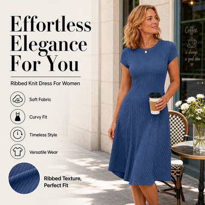 👗✨ Dzianinowa sukienka midi z prążkami, szczotkowana, z krótkimi rękawami, o kroju w kształcie litery A — miękka, elegancka, ponadczasowa 👗