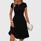 👗✨ Dzianinowa sukienka midi z prążkami, szczotkowana, z krótkimi rękawami, o kroju w kształcie litery A — miękka, elegancka, ponadczasowa 👗