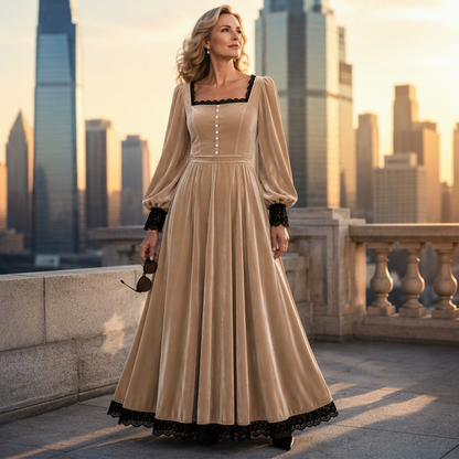 👗 Sukienka damska aksamitna w stylu vintage z kwadratowym dekoltem – Ponadczasowa elegancja spotyka luksusowy komfort