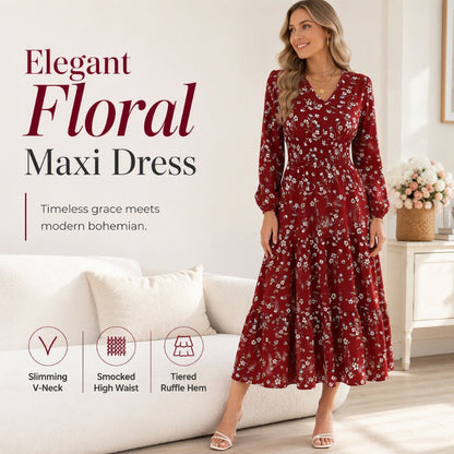 👗✨ Sukienka maxi w kwiaty, dekolt w kształcie litery V, marszczona talia, spódnica warstwowa — bordowa, różowa, granatowa 👗