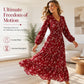 👗✨ Sukienka maxi w kwiaty, dekolt w kształcie litery V, marszczona talia, spódnica warstwowa — bordowa, różowa, granatowa 👗