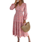 👗✨ Sukienka maxi w kwiaty, dekolt w kształcie litery V, marszczona talia, spódnica warstwowa — bordowa, różowa, granatowa 👗