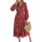 👗✨ Sukienka maxi w kwiaty, dekolt w kształcie litery V, marszczona talia, spódnica warstwowa — bordowa, różowa, granatowa 👗