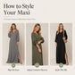 👗✨ Elegancka sukienka maxi z dekoltem w kształcie litery V, bufiastymi rękawami i rozcięciem z boku — dostępna w kolorze szarym, czarnym i zielonym — lekka i delikatna 👗