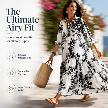 👗✨ Sukienka maxi z tropikalnym kwiatowym nadrukiem, kołnierzykiem koszulowym, warstwową spódnicą, luźna — niebieska, czarna, czerwona, fioletowa 👗