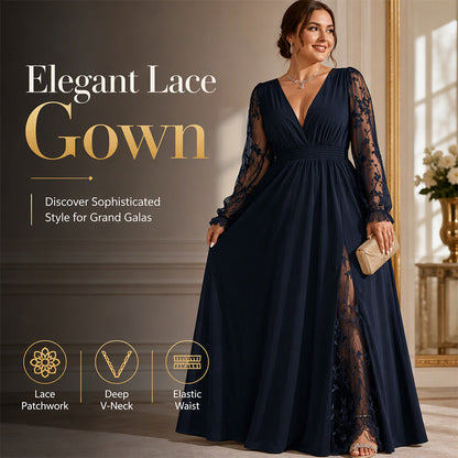 👗✨ Wieczorowa sukienka maxi z koronką, głębokim dekoltem w kształcie litery V, przezroczystymi rękawami i elastyczną talią — czarna, czerwona, granatowa — rozmiary L–4XL 👗