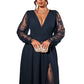 👗✨ Wieczorowa sukienka maxi z koronką, głębokim dekoltem w kształcie litery V, przezroczystymi rękawami i elastyczną talią — czarna, czerwona, granatowa — rozmiary L–4XL 👗