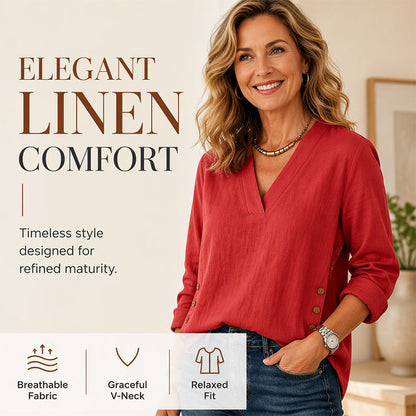 😍✨ Luźna bluzka z dekoltem w kształcie litery V, ozdobnymi guzikami po bokach i fakturą — biała, czerwona, różowa, khaki — rozmiary S–2XL ❤️