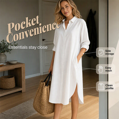 👗✨ Luźna sukienka koszulowa z bawełny i lnu, z bocznymi kieszeniami — 7 kolorów, rozmiary S–XXL — wygoda i styl 👗