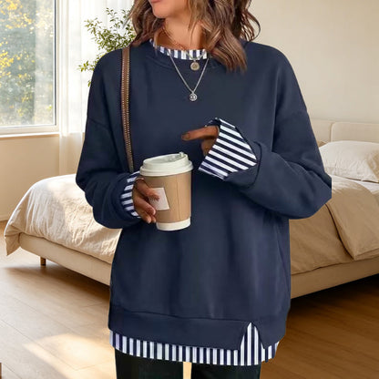 🔥✨ Damska luźna bluza z efektem dwóch części – okrągły dekolt, boczne rozcięcia, 5 kolorów, rozmiary S–3XL😍