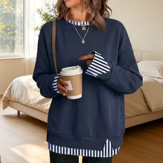 🔥✨ Damska luźna bluza z efektem dwóch części – okrągły dekolt, boczne rozcięcia, 5 kolorów, rozmiary S–3XL😍