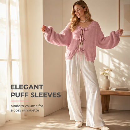 😍✨ Sweter z dzianiny z kokardkami z przodu, okrągłym dekoltem i rękawami typu balon — lekki, miękki, kobiecy — 6 kolorów, rozmiary S–2XL ❤️