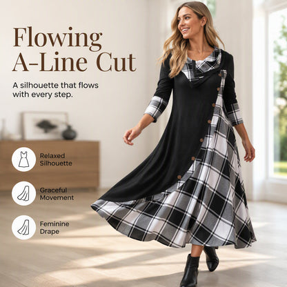 Women Plaid Patchwork Cowl Neck Maxi Dress