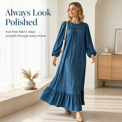 ✨ Ponadczasowa Elegancja | Kobieca, Długa Sukienka Maxi z Falbaną i Długim Rękawem