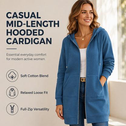⌛Limited-Time Offer🛍️Women Mid-Length Hooded Sweatshirt Jacket Casual Zip Up Cardigan Coat with Pockets
