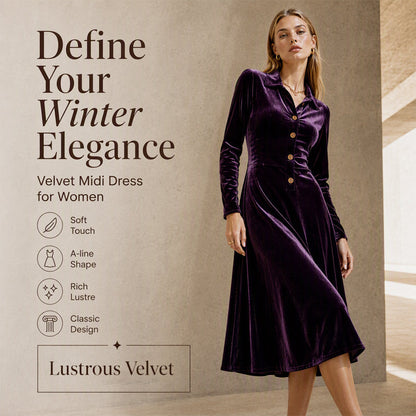 👗✨ Sukienka midi z błyszczącego aksamitu, złote guziki, kołnierzyk typu revers, krój w kształcie litery A, długie rękawy — styl vintage, kobieca, elegancka 👗