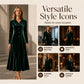 👗✨ Sukienka midi z błyszczącego aksamitu, złote guziki, kołnierzyk typu revers, krój w kształcie litery A, długie rękawy — styl vintage, kobieca, elegancka 👗