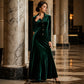 👗✨ Sukienka midi z błyszczącego aksamitu, złote guziki, kołnierzyk typu revers, krój w kształcie litery A, długie rękawy — styl vintage, kobieca, elegancka 👗