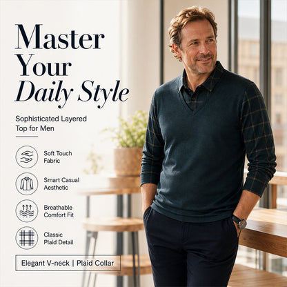 🎯✨ Męska bluzka dzianinowa 2 w 1, dekolt w kształcie litery V z wstawką w kratkę, efekt warstwowy, miękka i oddychająca — styl smart casual, elegancka, uniwersalna☁️