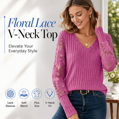 🌸✨ Bluzka w rozmiarze plus size z dekoltem w kształcie litery V, karbowana, z długimi rękawami z koronkowego wzoru kwiatowego — różowa, czerwona, niebieska, fioletowa — 1XL–5XL 🌼