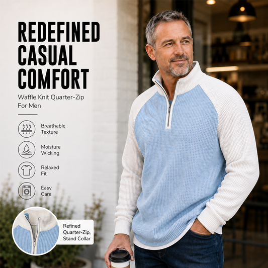 🌊💫 Dwukolorowy męski sweter z zamkiem przy kołnierzu — dzianina typu waffle, oddychająca, nowy wymiar komfortu