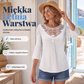 🌸✨ Bluzka z haftowaną koronką przy dekolcie, rozkloszowanymi rękawami 3/4, przezroczystymi detalami — lekka, kobieca, romantyczna — 5 kolorów, rozmiary S–5XL 🌟