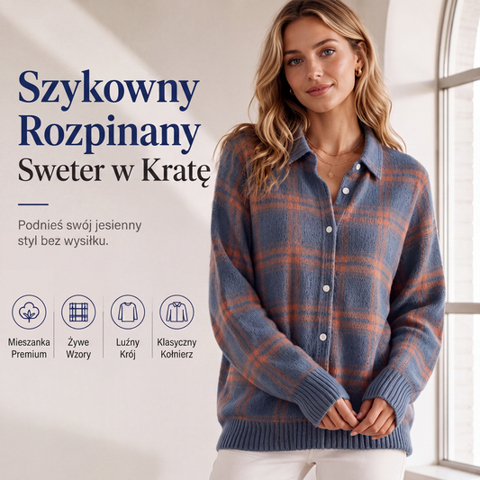 🍂✨ Sweter z dzianiny w kratkę, z kołnierzem z klapami, guzikami i ściągaczowymi mankietami, o luźnym kroju — 9 kolorów, rozmiary S–4XL 🧶