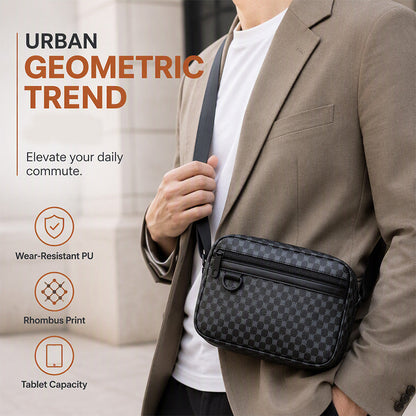 😍✨ Męska torba crossbody z wytrzymałej skóry PU, wzór geometryczny, kieszeń na tablet, regulowany pasek — czarno-szara, czarno-brązowa