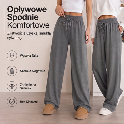 Damskie spodnie na szerokiej nogawce z wysokim stanem i sznurkiem