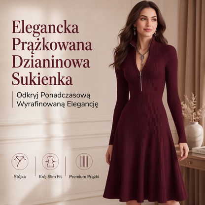 Dopasowana sukienka damska z dzianiny prążkowanej z półzamkiem