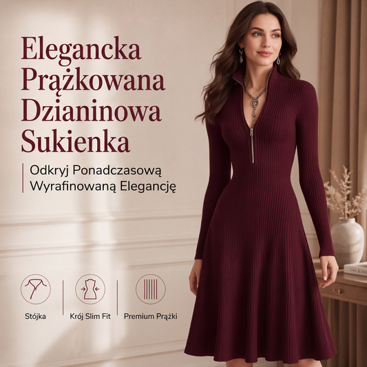 👗🌹 Sukienka z dzianiny ribatowej o wąskim kroju z zamkiem błyskawicznym — Podwinięty kołnierzyk, dopasowany krój, ponadczasowa elegancja
