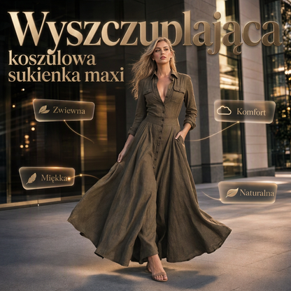 👗✨ Długa Sukienka Damska z Kołnierzykiem – Elegancka, na Guziki, z Kieszeniami | S–2XL 🌿