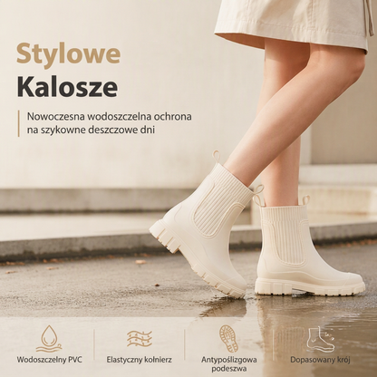 👢✨ Damskie wodoodporne, antypoślizgowe kalosze sięgające do połowy łydki – z PVC, z grubą podeszwą, z dzianinowym wykończeniem, zapewniające wygodę w deszczowe dni🌧️