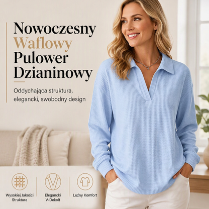 🧶✨ Damska dzianinowa bluzka o fakturze waflowej z dekoltem w kształcie litery V – luźny krój oversize, miękka, 12 kolorów, rozmiary S–5XL👕