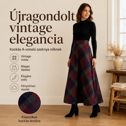 Női elegáns, magas derékú kockás hosszú szoknya