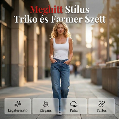 Női szögletes nyakú top és széles szárú farmer szett