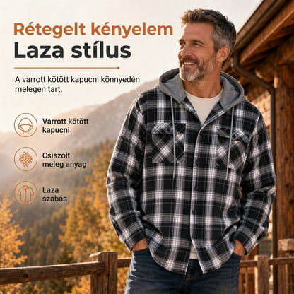Férfi kockás, cipzáras pulóver, laza szabású amerikai stílusú, bolyhosított kapucnis pulóver