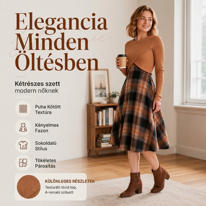 🍂😍 Női szett: kockás A-vonalú ruha + kötött crop top – 11 színben, S–2XL🧊