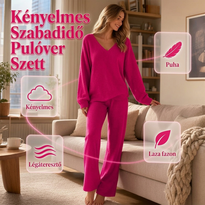 Női kötött V-nyakú pulóver és bőszárú nadrág szett
