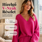 Női kötött V-nyakú pulóver és bőszárú nadrág szett