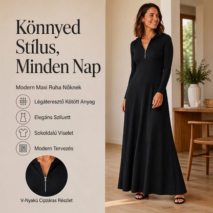 Női bordázott kötött kapucnis maxi ruha